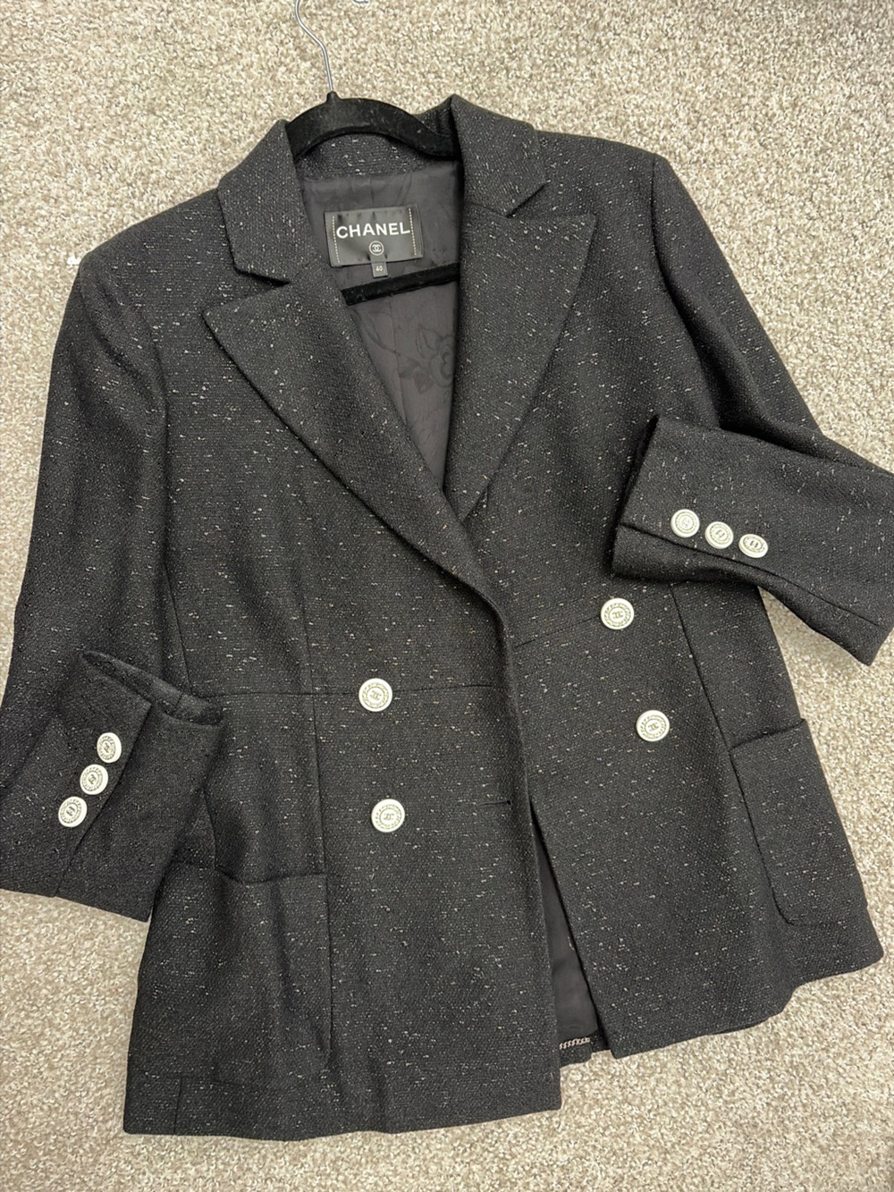 CHANEL Black Speckled Tweed Double-Breasted Blazer
